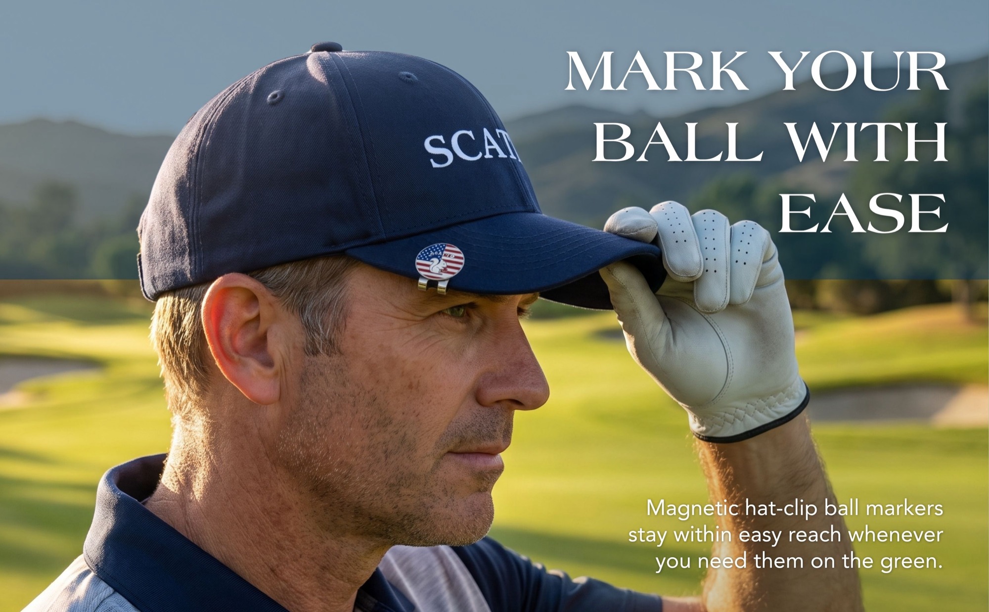 Mark your ball with ease. Magnetic hat-clip ball markers stay within easy reach whenever you need them on the green. A golfer wears a Stars and Stripes Scatto ball marker on a navy cap.