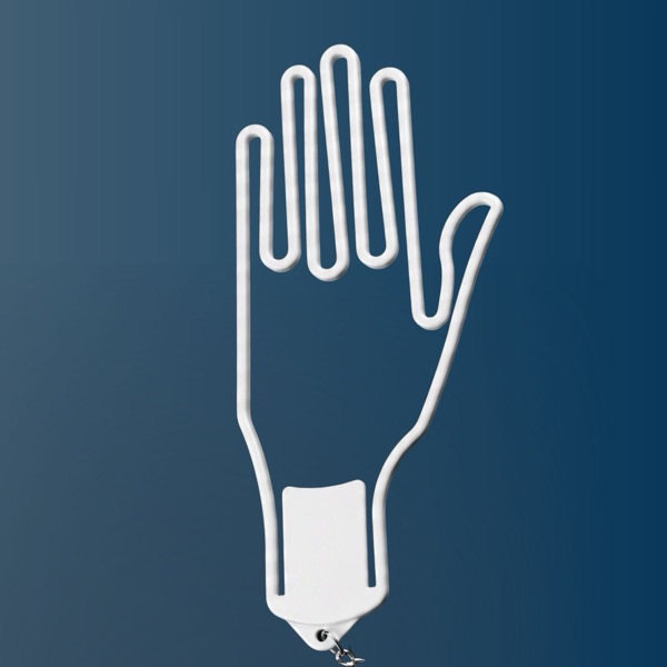 White hand-shaped glove holder with a ring clip