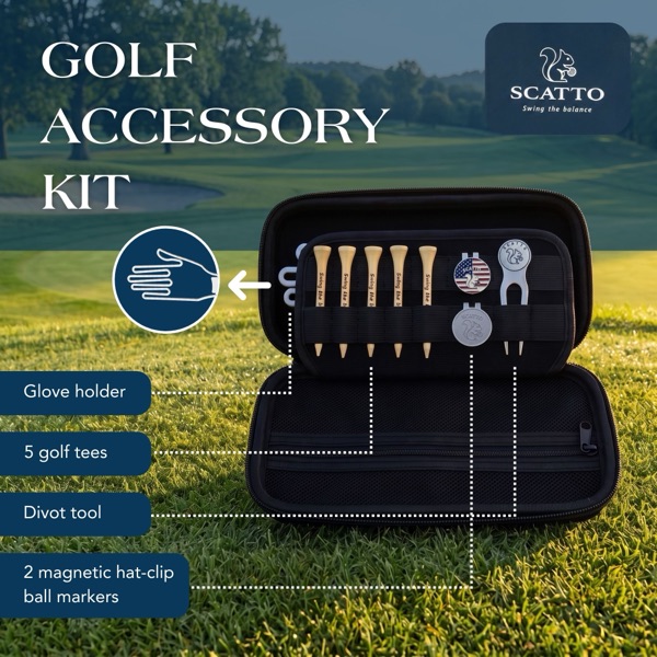 Golf accessory kit: glove holder, 5 golf tees, divot tool and 2 magnetic hat-clip ball markers, each in its own slot in the open case