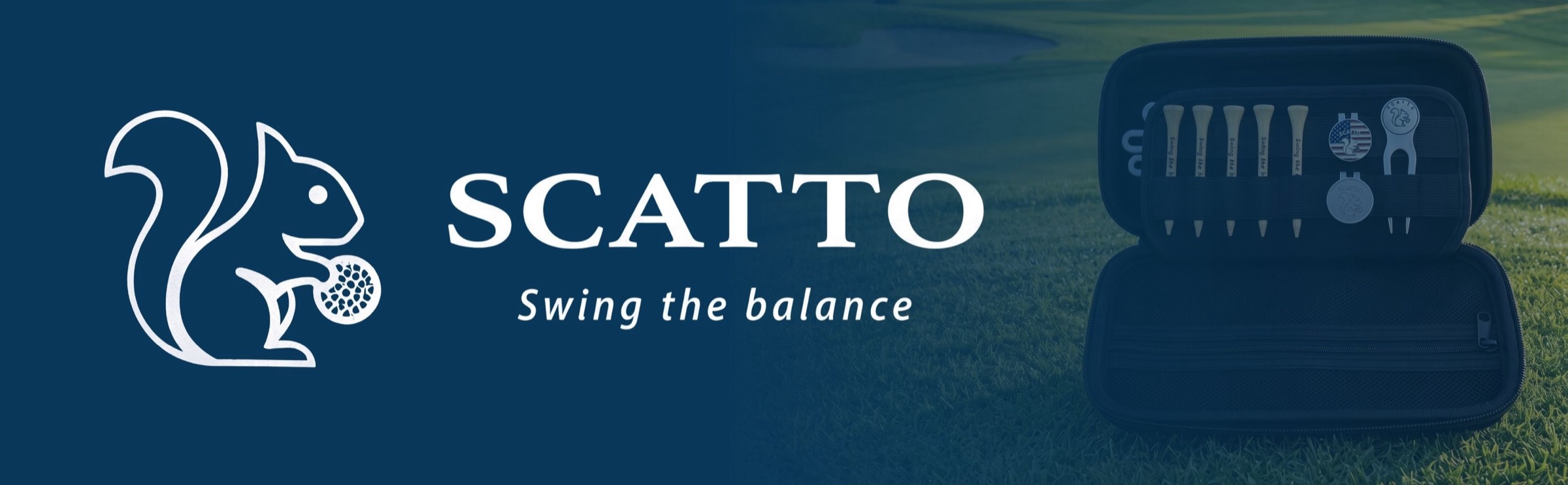 Scatto, Swing the balance: the squirrel logo beside an open Scatto kit on a golf course