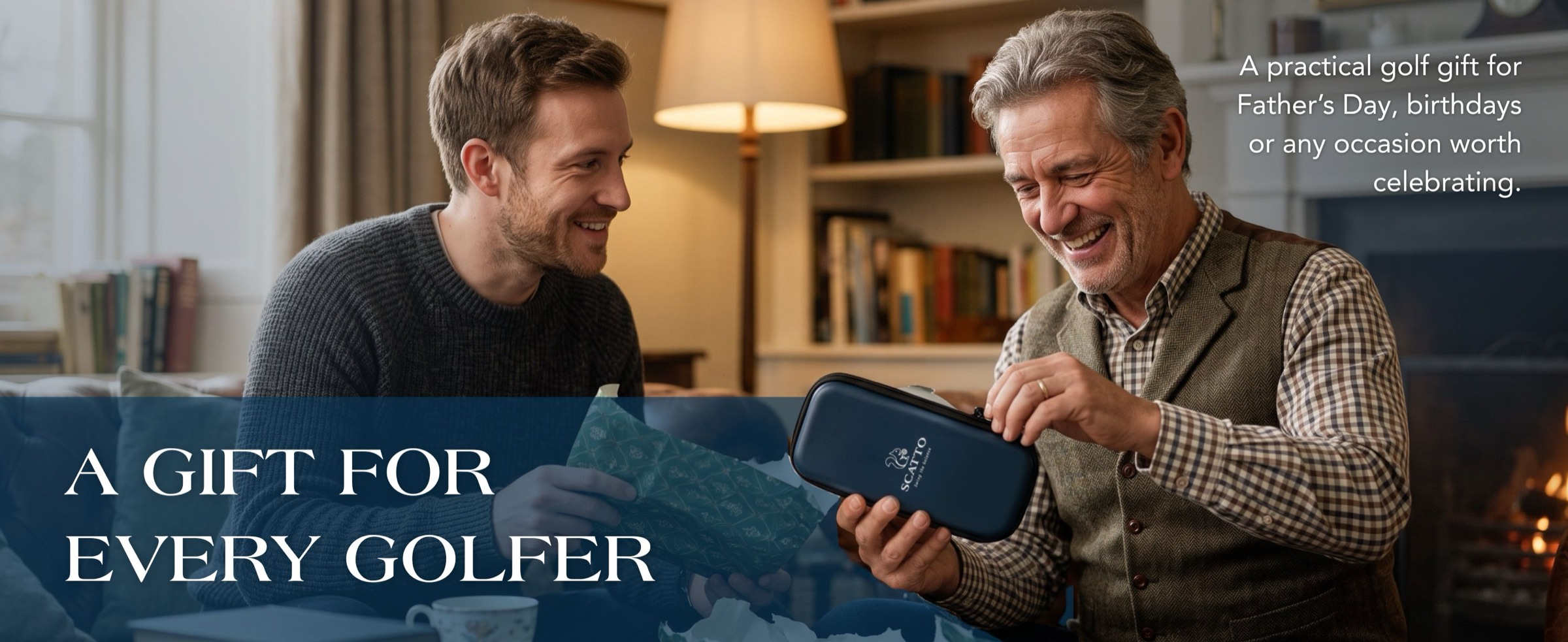 A gift for every golfer. A practical golf gift for Father's Day, birthdays or any occasion worth celebrating. A father smiles while unwrapping a Scatto case.